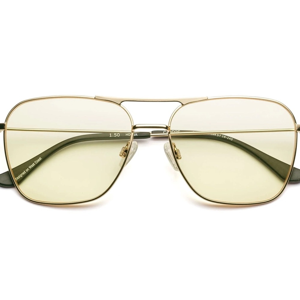Caddis Hooper Blue Light Green Lens Gold Aviator Glasses with Teal Floral Pouch
